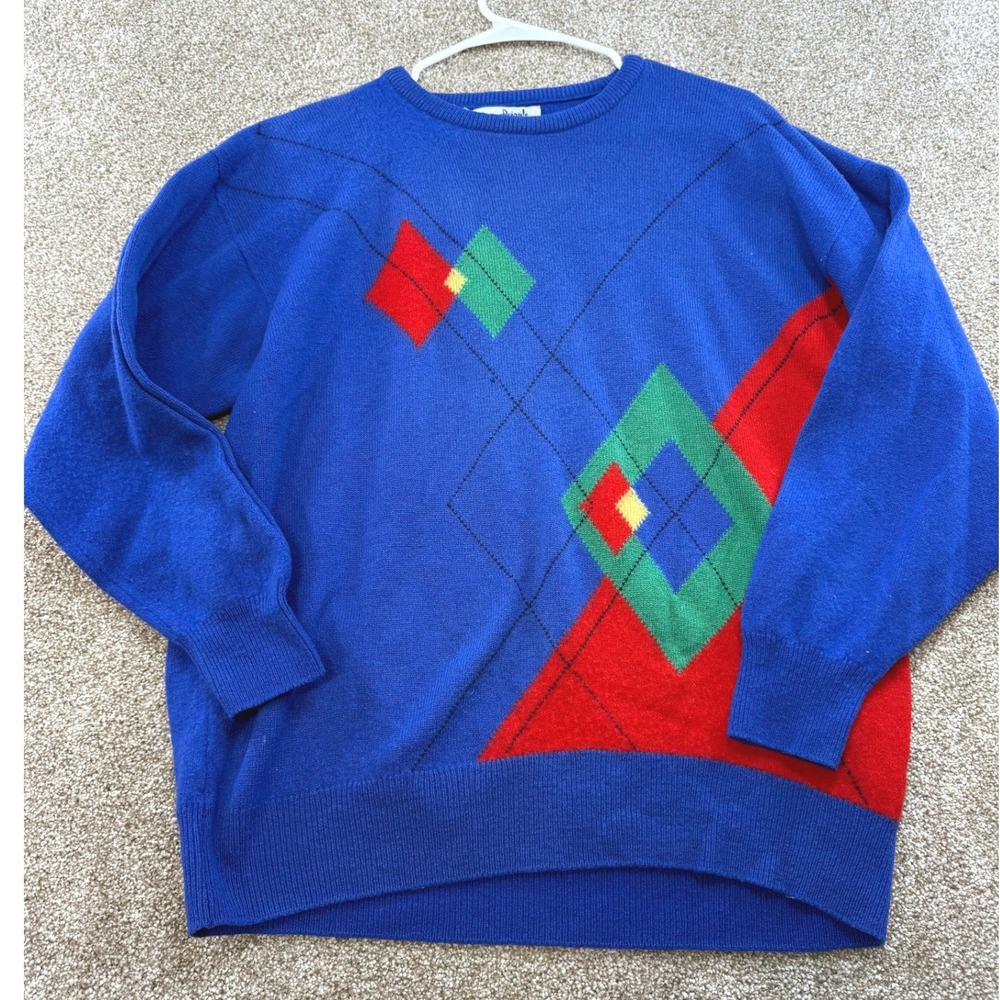 Pringle Sports Mens Blue Argyle Wool Sweater L Made in Scotland Preppy Golf Knit